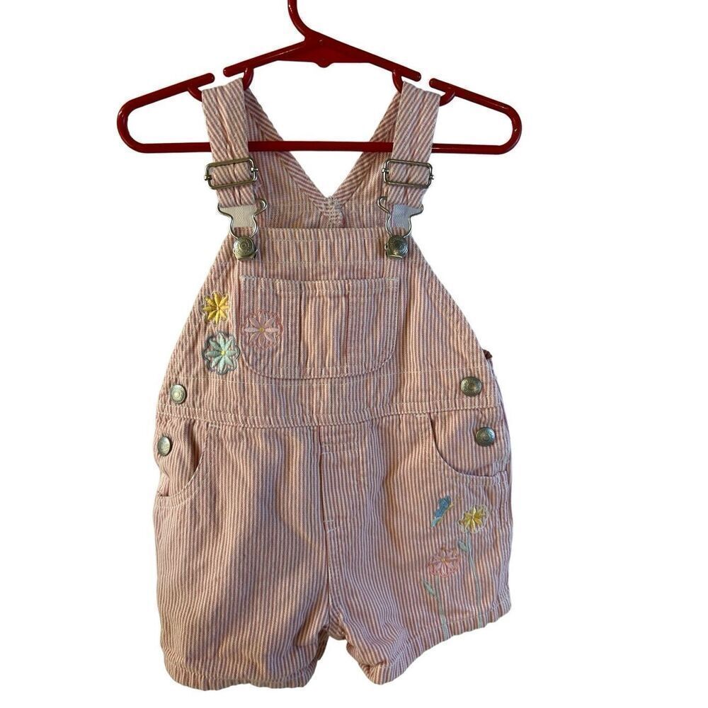 Gap baby pink pinstripes flowers shortalls shorts‎ overalls butterfly